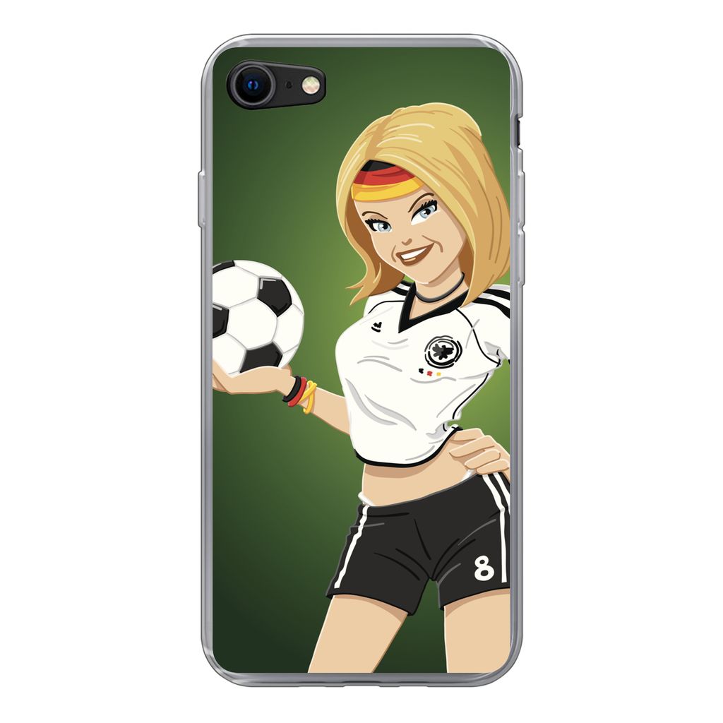 MuchoWow Handyhülle Schutzhülle Hülle für iPhone SE 2020 Illustration eines Mädchens mit deutscher Kleidung und einem Fußball - Mädchen - ...