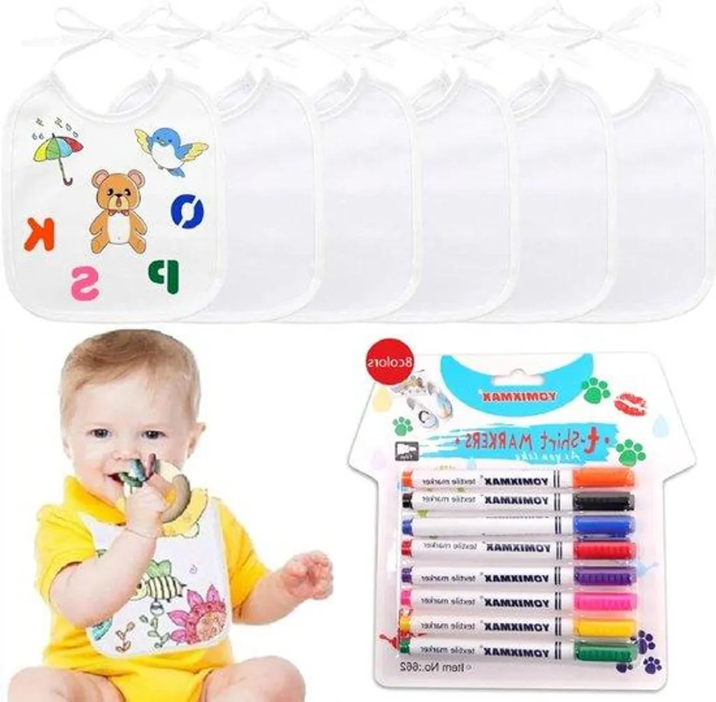 Crayons de couleur en plastique blancs x6 et 8 feutres textile créatifs