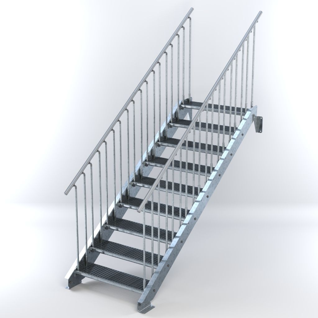 Stahltreppe 9 Stufen bis Höhe 180 cm, Laufbreite : 90 cm beidseitiges Geländer ST 2 (31 / 31 mm gezackt)