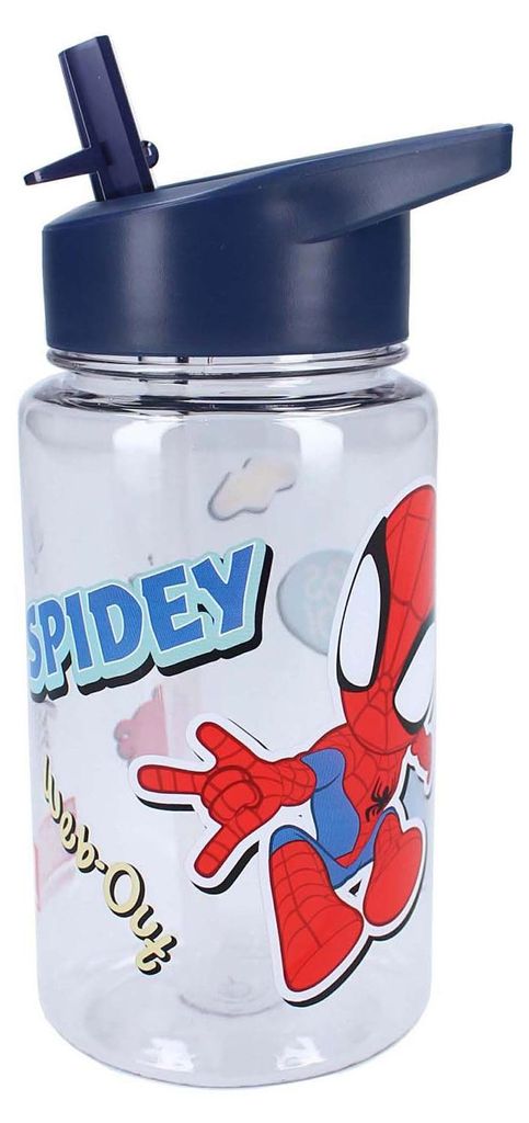 Spiderman Kinder Trinkflasche mit Strohhalm transparent 450 ml und praktischem Tragegriff
