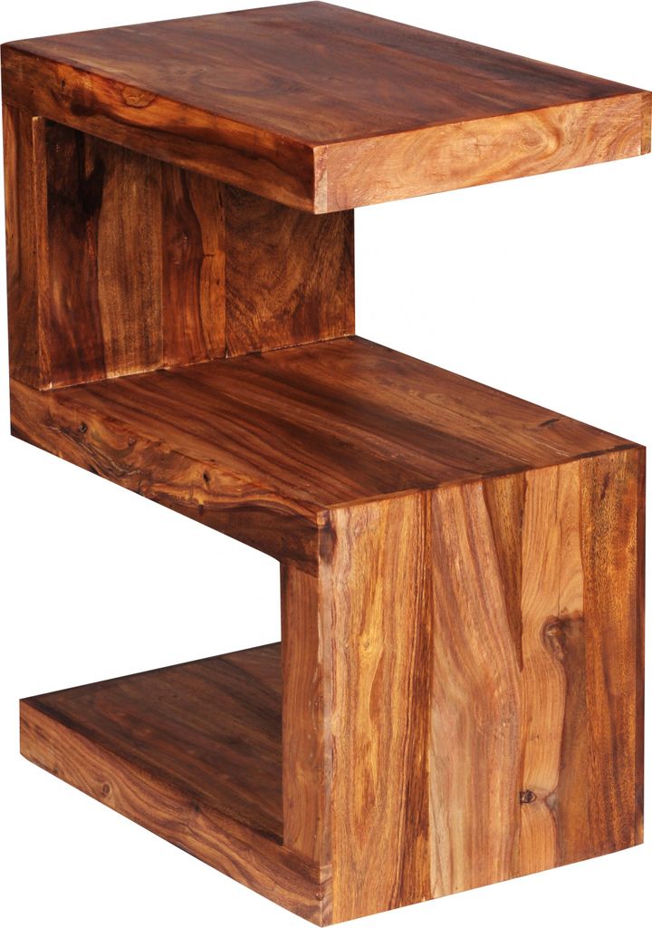 A wooden side table with an S-shaped design.