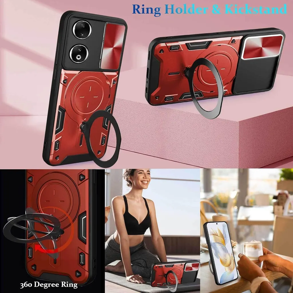 SEAHAI Cover per Honor X6a, Glassato Traslucido Dura PC Protettiva Custodia Silicone TPU Bumper Antiurto AntiGraffio Case con 360° Anello Supporto, Rosso