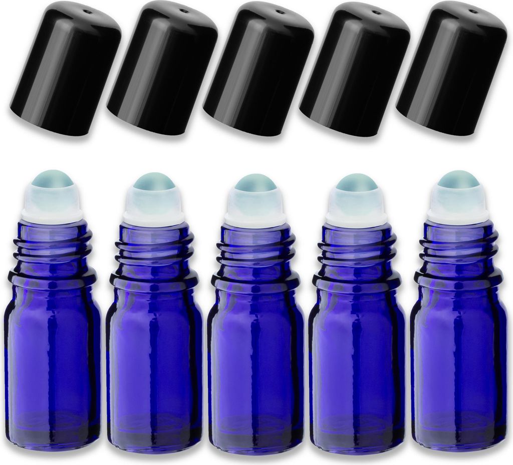 5x Blaue Glasflasche 5 ml Roll-On mit schwarzem Schraubverschluss Mini