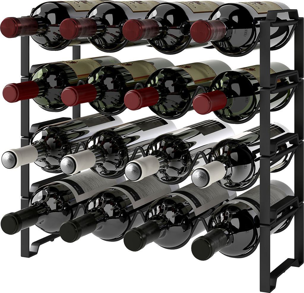 A black metal wine rack holding 16 bottles of wine, arranged in four rows.