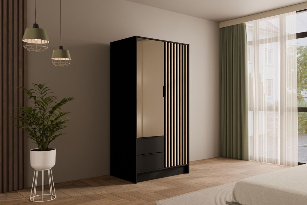 ALTDECOR Kleiderschrank mit Spiegel und selbstschließenden, Lamellentüren, Lamellen, Flügeltüren - NELIA - 100 cm Schwarz / Artisan