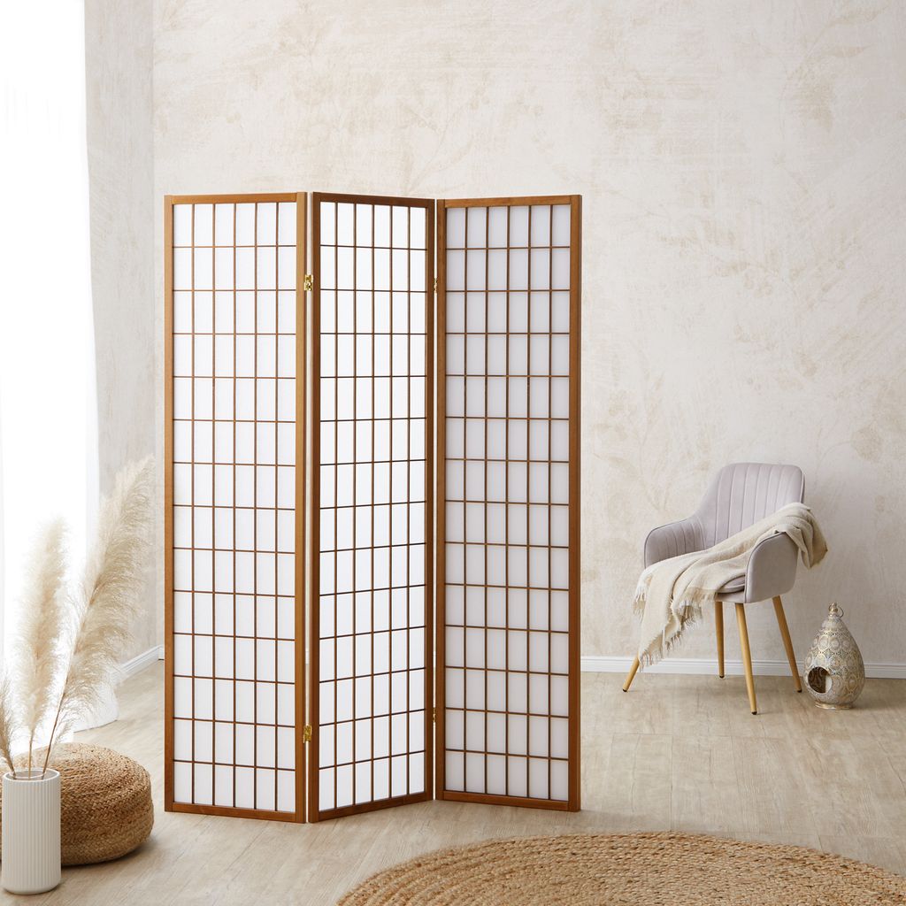 Paravent Raumteiler 3 teilig Holz Braun Tabak Reispapier Produktbild 