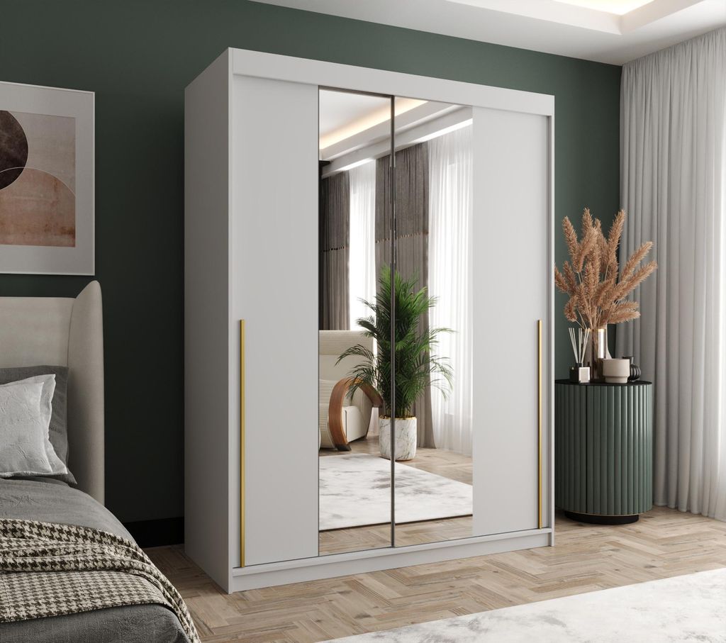 Home Collective Schwebetürenschrank mit Spiegel Kleiderschrank Garderobe 2-türig mit Einlegeböden und zwei Kleiderstangen wählbare Handgriffe M...