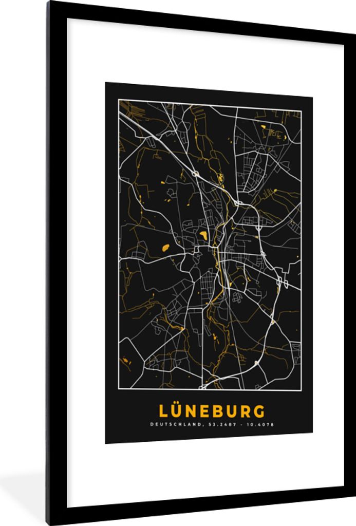 MuchoWow Gerahmtes Poster Gold - Deutschland - Karte - Stadtplan - Lüneburg 60x90 cm - Poster mit Schwarzem Bilderrahmen Wandposter Rahmen Foto ...