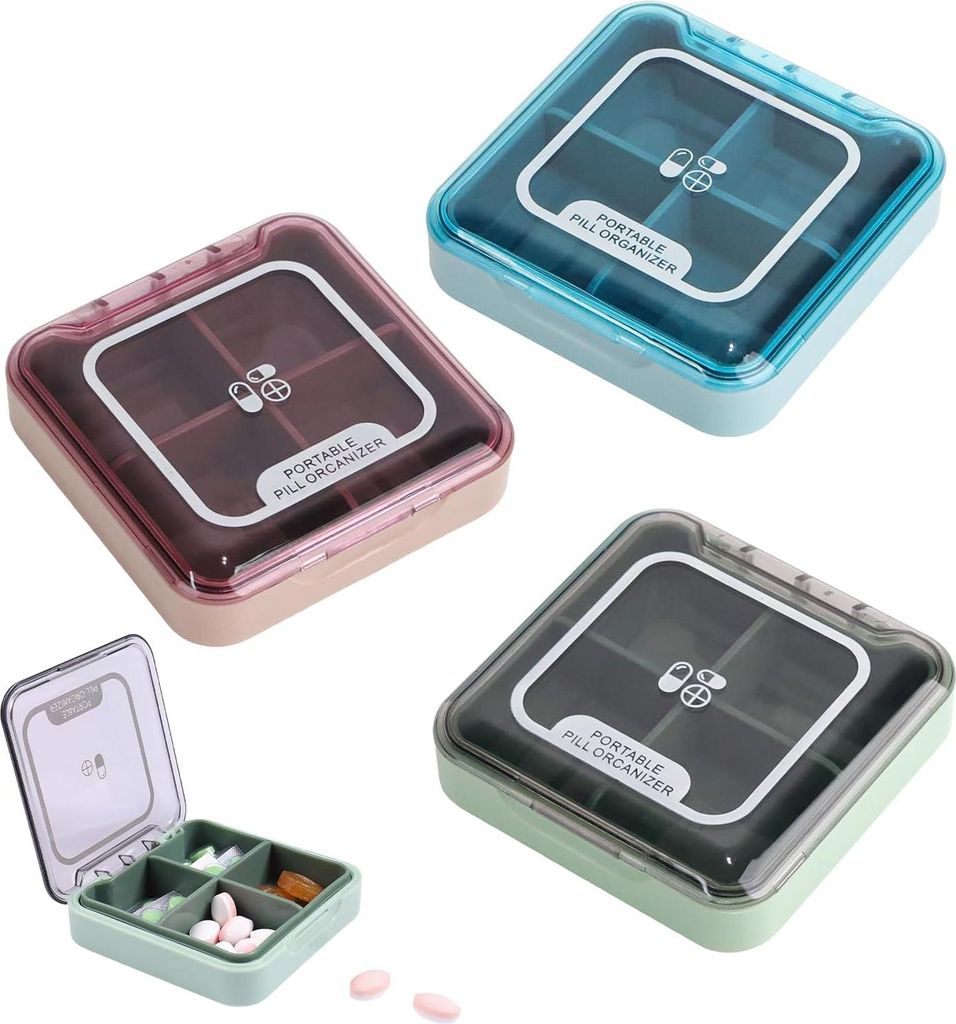 3-teilige Pillenbox mit 4 Fächern für tägliche Medikamente und Vitamine - praktisch für unterwegs