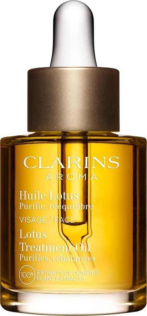 A product shot of a Clarins Lotus Treatment Oil bottle.