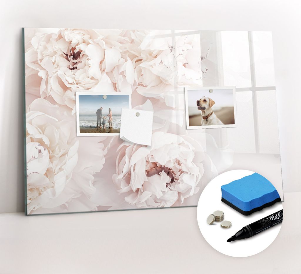 Magnetpinnwand Memoboard - Zubehörsatz - Schwarzer Marker + Schwamm + Magnete - 60 x 40 cm - Pfingstrosenblüten