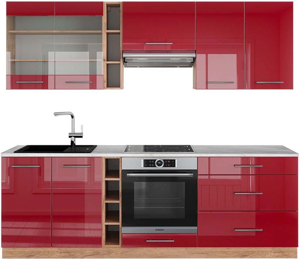 Küchenzeile Vicco Fame-Line Bordeaux Hochglanz/Goldkraft Eiche 235 cm , AP Marmor, Model 42240