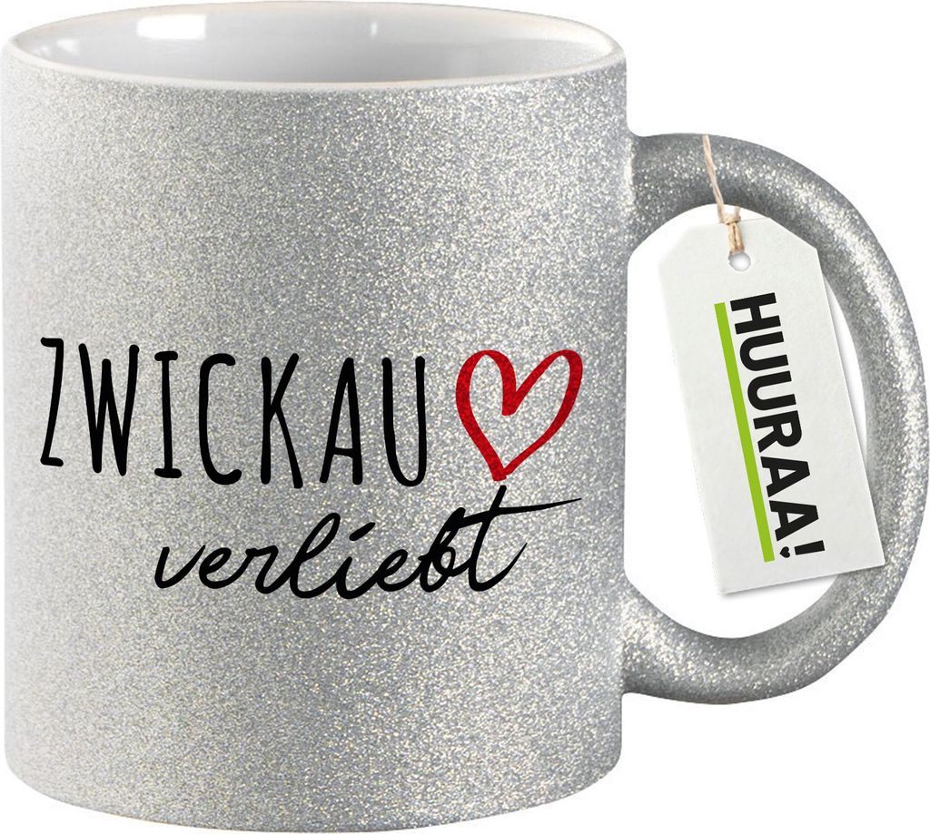 Huuraa Glitzertasse Zwickau verliebt 330ml Silber Keramik Kaffeebecher Geschenkidee