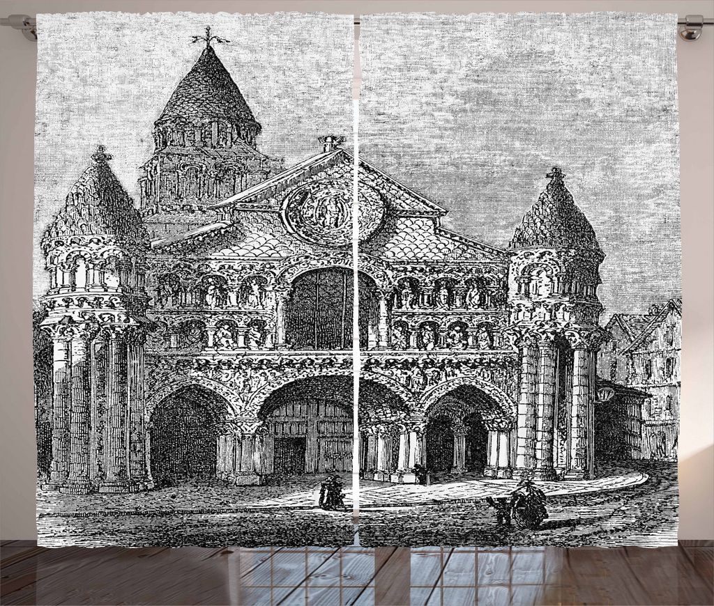 ABAKUHAUS Notre Dame Rustikaler Vorhang, Vintage Monument Kunst, Wohnzimmer Universalband Gardinen mit Schlaufen und Haken, 280 x 225 cm, Grau und ...