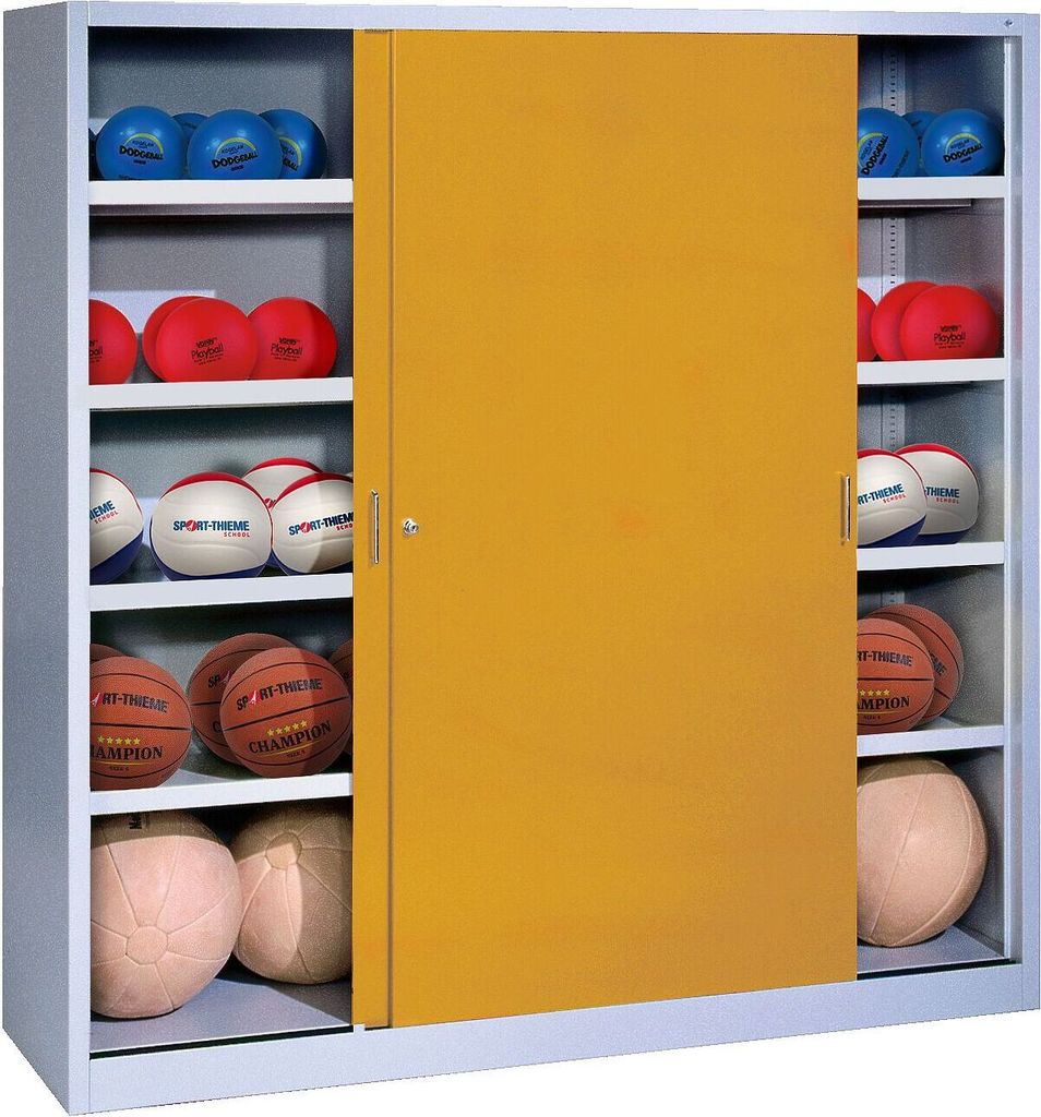 C+P Ballschrank mit Vollblech-Schiebetüren (Typ 4), HxBxT: 195x120x60 cm, Goldgelb (RAL 1004), Lichtgrau (RAL 7035), Einzelschließung