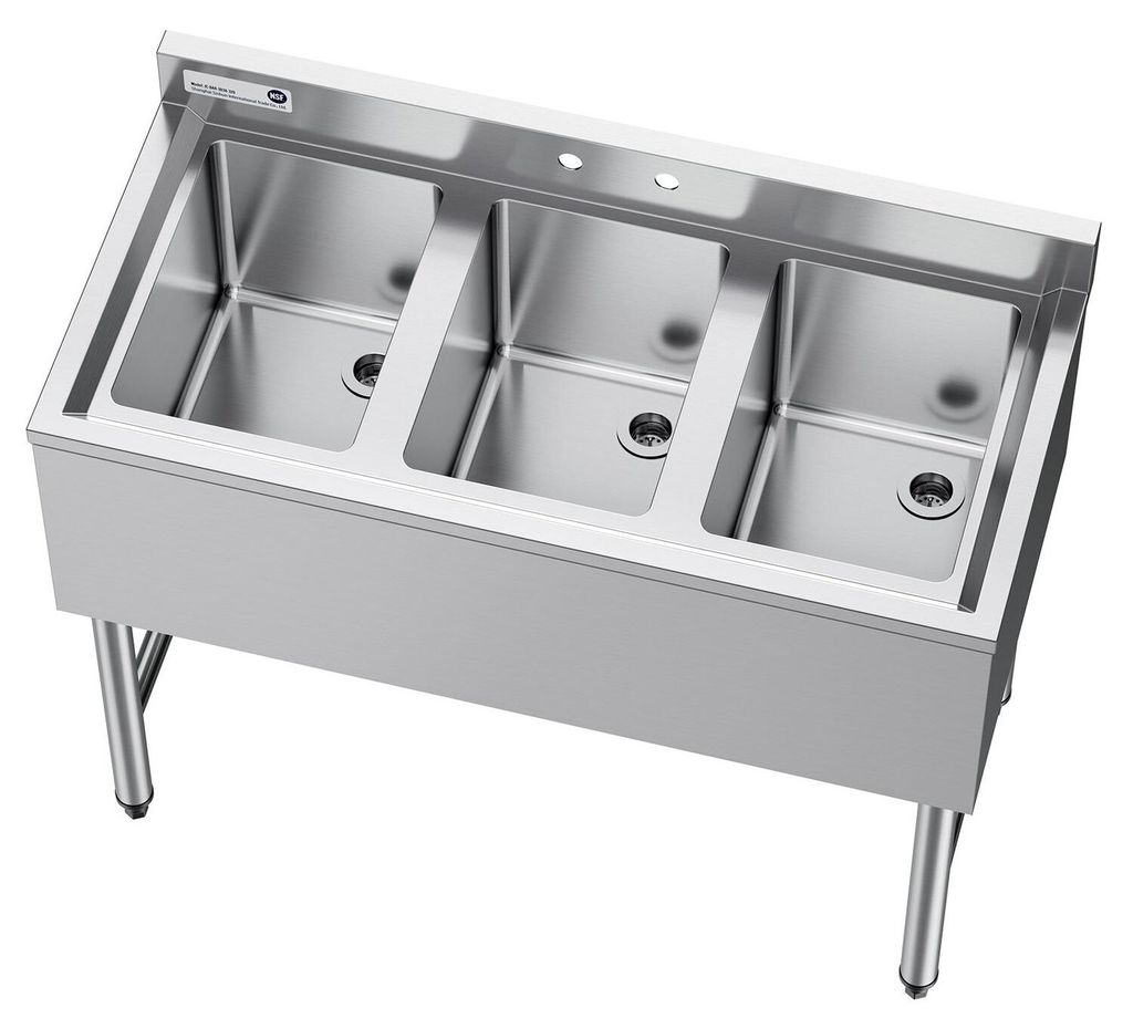 3-Kammer-Spülbecken, Edelstahl 304 (18 Gauge), Beckenmaße 254 x 356 x 254 mm, gewerbliches Unterbau-Spülbecken mit 3 Kammern, Spritzschutz und e...