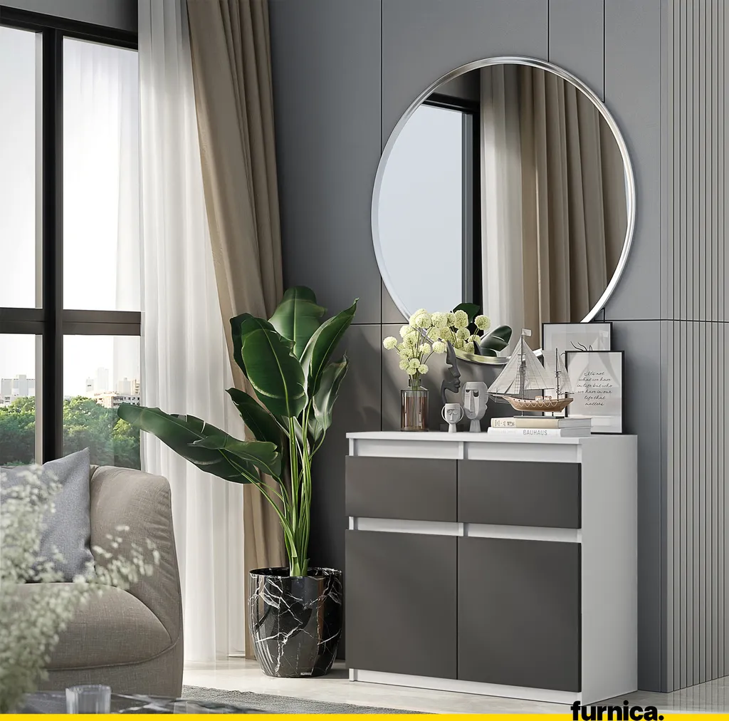 Buffet bas Commode 2 Portes et 2 Tiroirs Gris et Blanc Mat L80cm NOAH