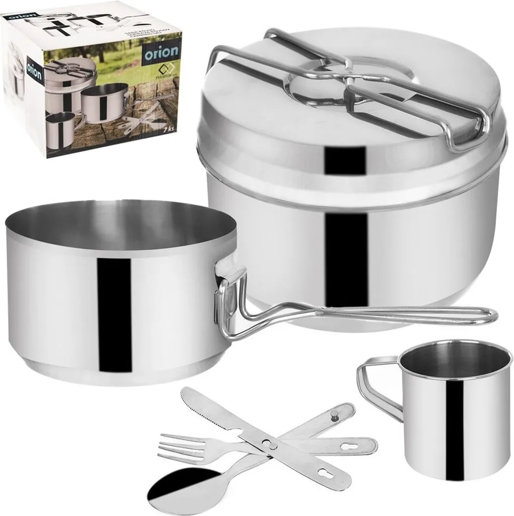 Orion Set de vaisselle de camping 7 pièces en acier inoxydable durable