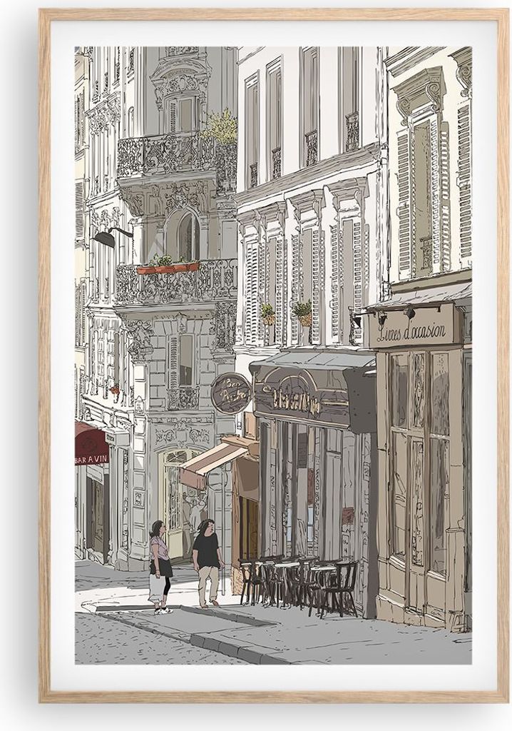 Gerahmtes Poster - Rahmen in heller Eiche - Architektur Zeichnen Montmartre - 61x91,5 cm - Wand Bild - Wanddeko - Wandbilder - Wandposter - Bilderr...