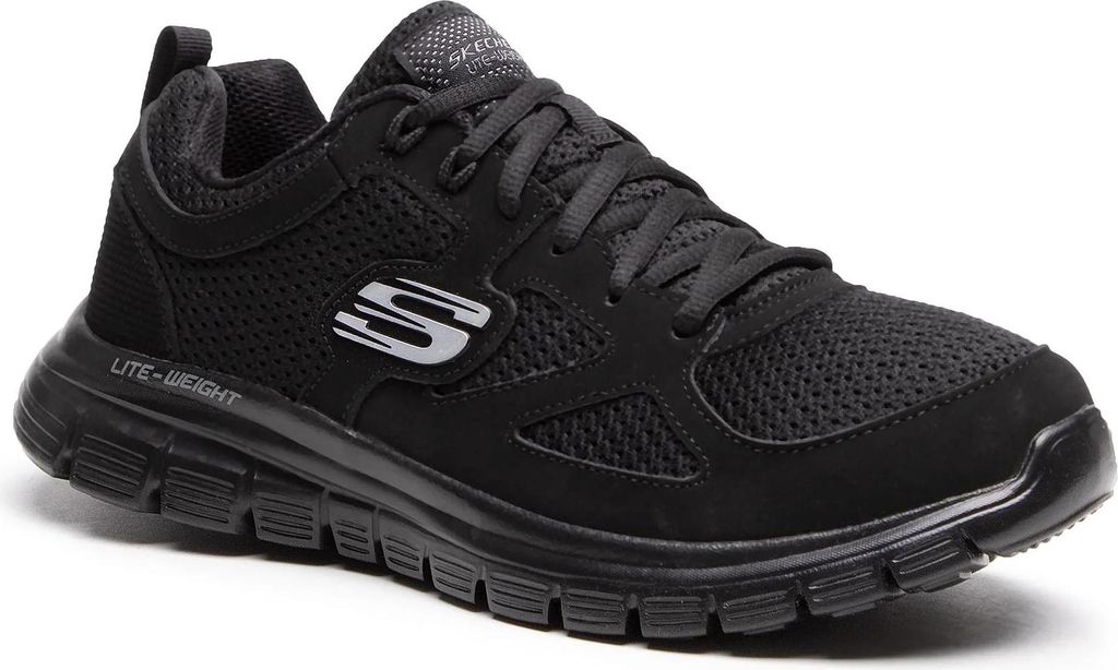A black Skechers sneaker is shown from a side-angle on a white background.