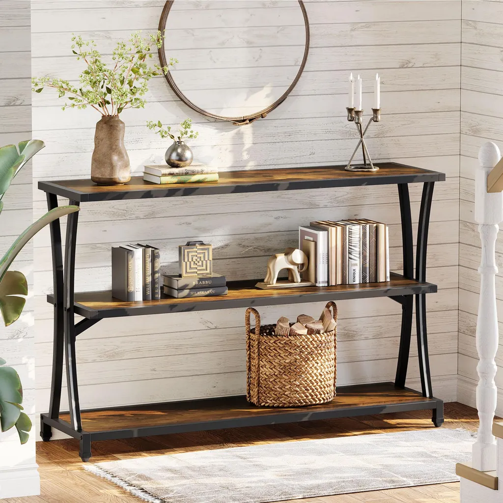 Table d'appoint style industriel 110 cm avec compartiments de rangement