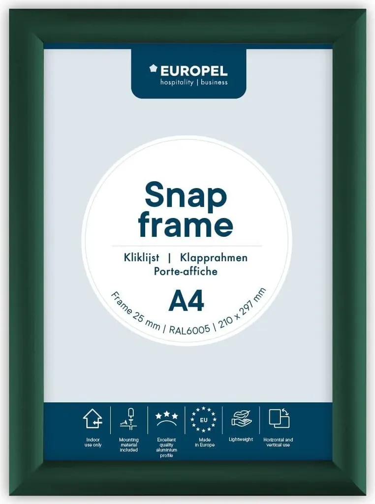 Cadre d'affichage clippant A4 robuste en aluminium vert 25 mm Europel