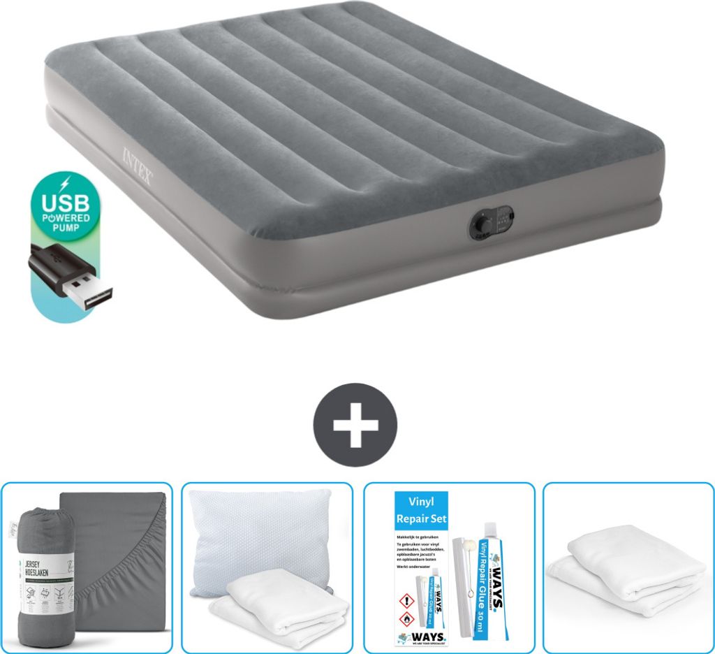 Intex Luftbett - 2 Personen - 152 x 203 x 30 cm - Grau - Inklusive Pumpe - Spannbettuch - Küssen - Reperaturset en Kissenschutz