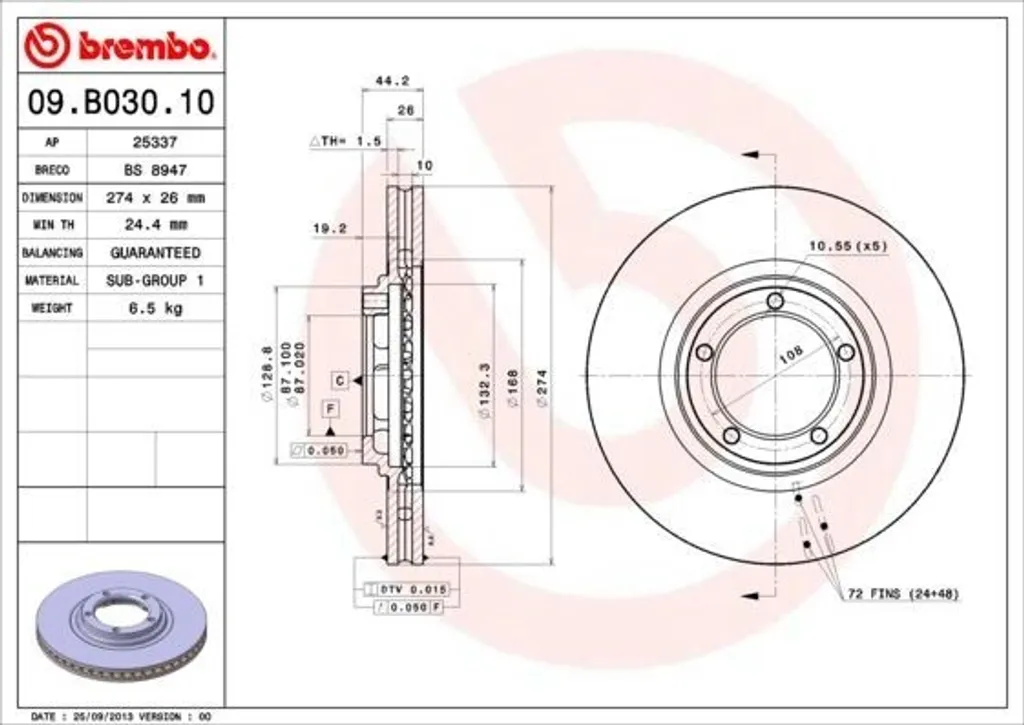 2 Disques de Frein Brembo 09.B030.10 pour Hyundai - Kit Avant Haute Qualité