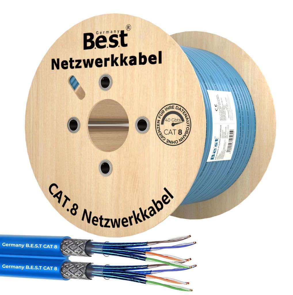 250 m CAT 8.1 Duplex Netzwerkkabel mit Verpackung und Kabelaufbau