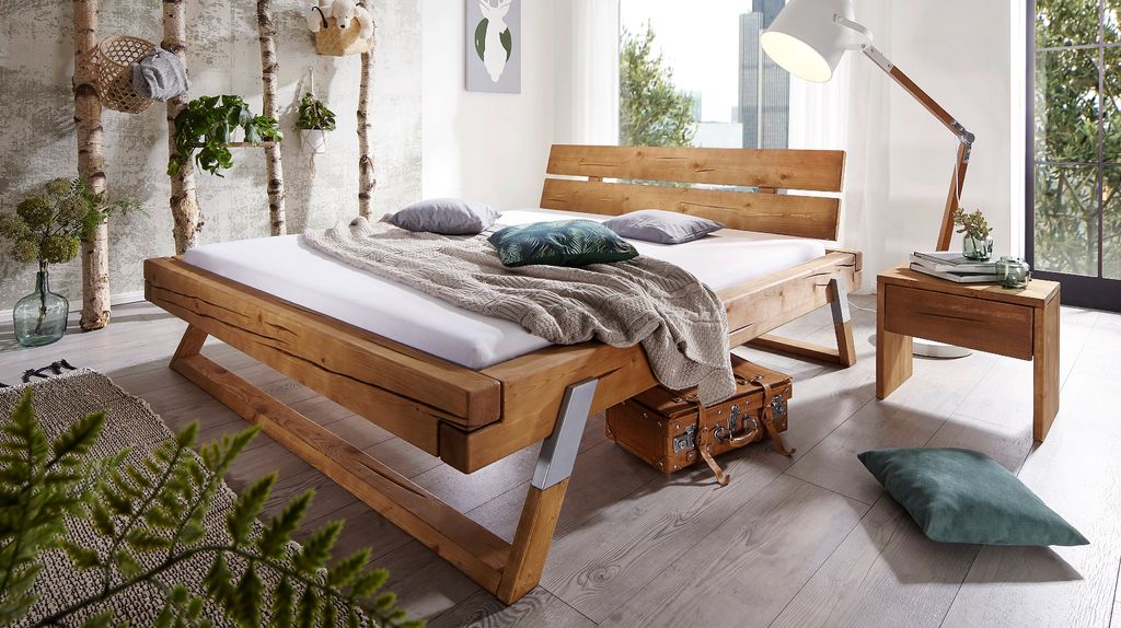 KAWOLA Balkenbett TOMA Fichte eichefarbig massiv 180x200cm
