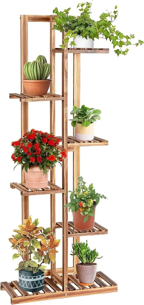 Support pour plantes en bois kaki - Étagère à fleurs escalier 3 niveaux