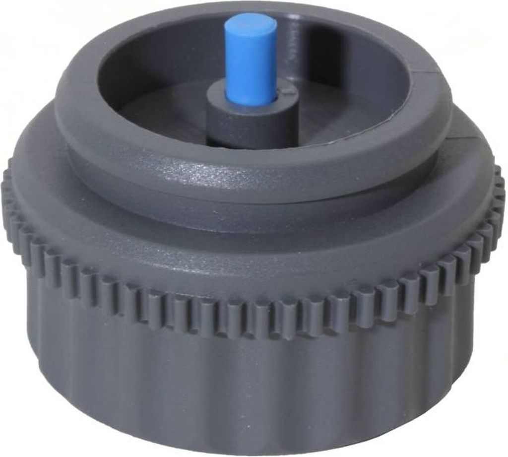 A close-up studio shot of a gray plastic vent fitting with a blue pin on a white background.
