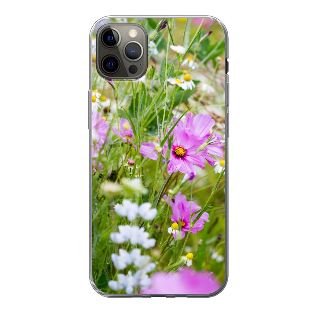 MuchoWow Handyhülle Schutzhülle Hülle für iPhone 12 Pro Max Blumen - Natur - Grün - Gras - Lila - Weiß Silikon Softcase Handy Hülle - Hart...