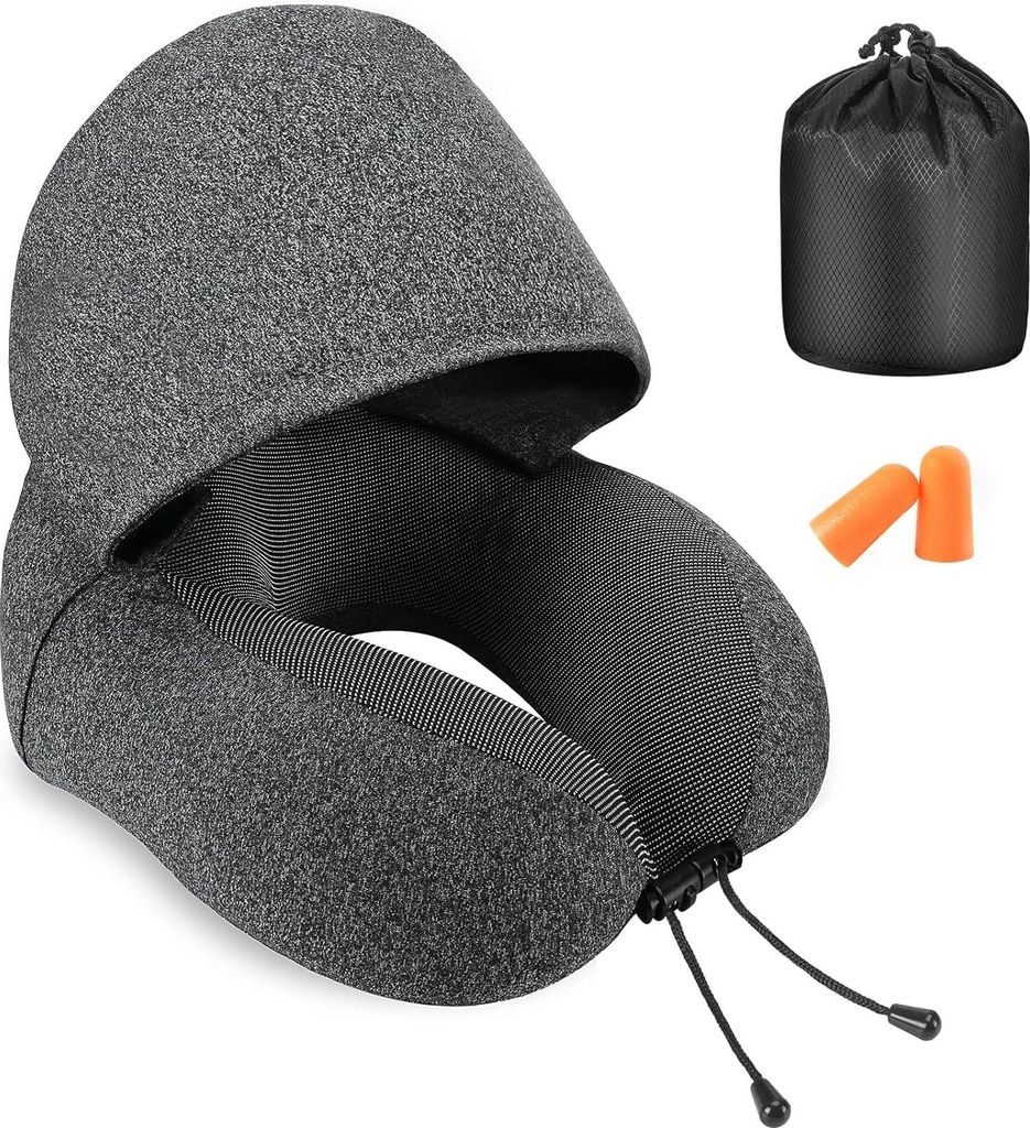 Reisekissen für den Nacken Memory Foam, Kapuzen-Reise-Nackenkissen für Erwachsene, bequemes Nackenkissen für die Reise mit Kapuze, Flug-Kissen, ...