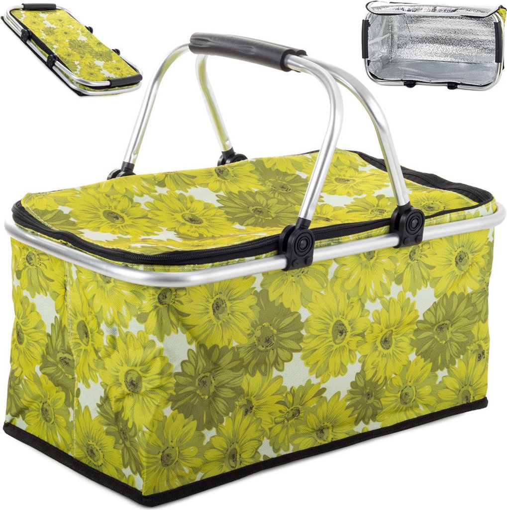 A floral patterned picnic basket is shown from a slightly elevated front angle against a white background. Two smaller inset images show the basket folded and its interior.