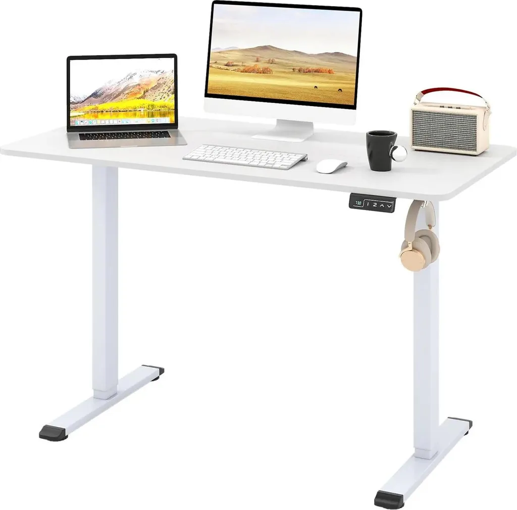 Bureau ergonomique blanc 120 cm pour organiser câbles et rangement casque
