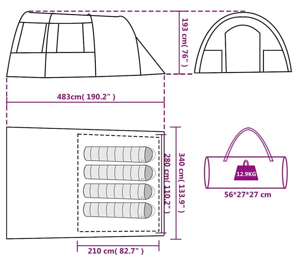 vidaXL Tunnelzelt 4 Personen Grün Wasserdicht Produktbild 