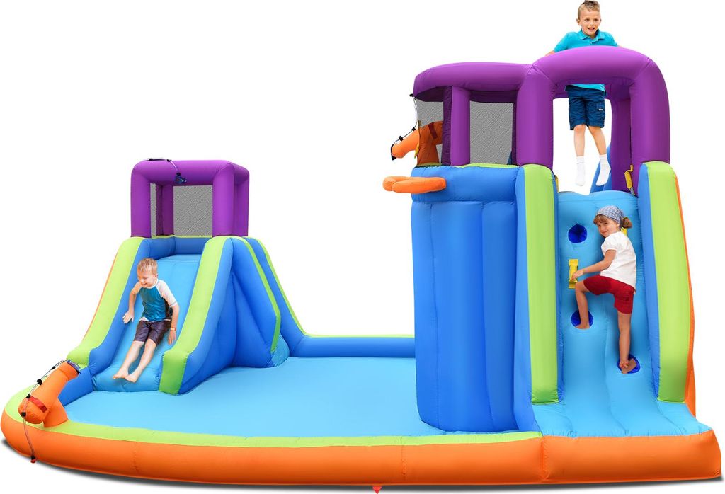 GOPLUS Hüpfburg mit Wasserrutsche, Wasserpark mit Doppelrutsche, Wasserpistole, Kletterwand, Basketballkorb & Ball, Wasserspielcenter Planschbecken