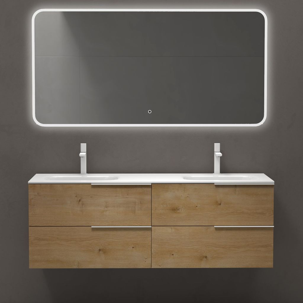 A modern bathroom vanity with a double sink and mirror.