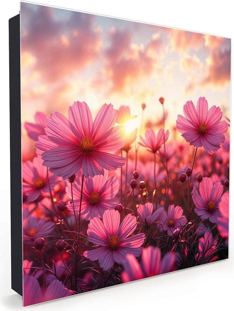 Nachbildung-Schlüsselkasten, Magnetpinnwand und Memoboard mit Glasfront Motiv Blumenfeld Sonnenuntergang