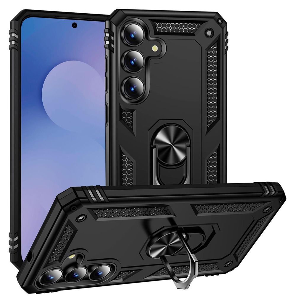 A black phone case with a ring holder is shown from multiple angles.