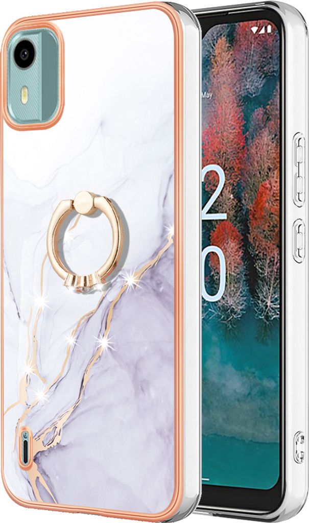 Hülle für Nokia C12 Muster TPU Silikon Stoßdämpfer Bumper Schutzhülle mit Ring Ständer Weiß