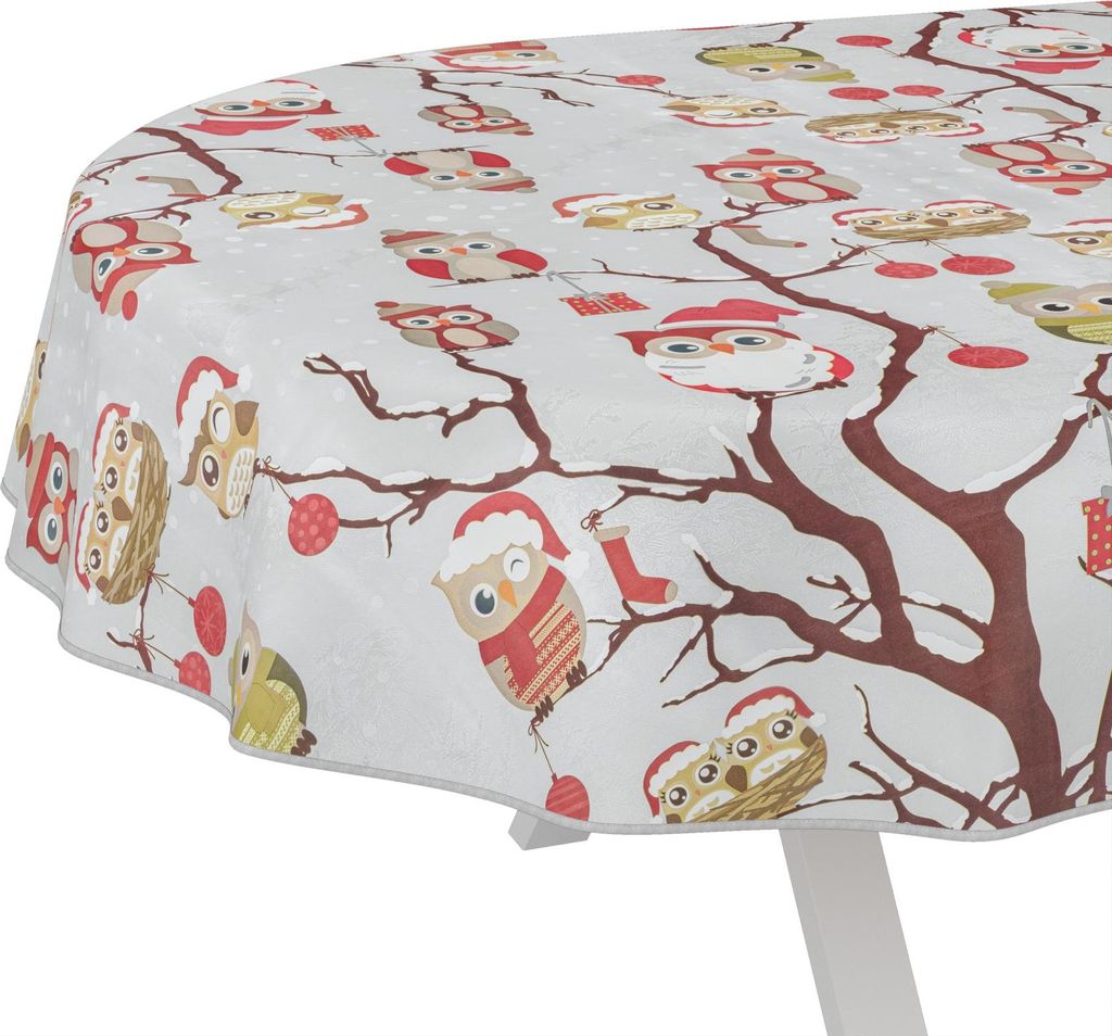 Tischdecke Weihnachten Eulen Weihnachten Bunt Oval 280x140cm mit Band-Kante Wachstuch abwaschbar