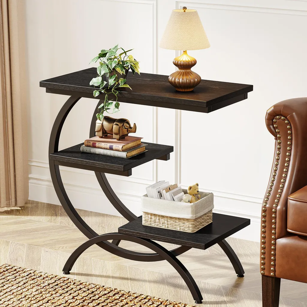 Table d'appoint en forme de C, table basse à trois niveaux bois naturel - 5