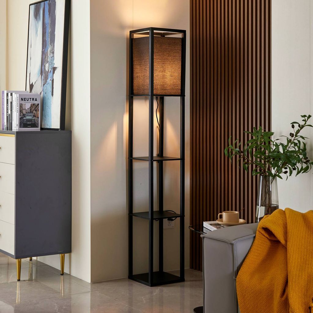 Lindby Stehleuchte Birta, Ablage, Holz, schwarz, 159cm Produktbild 