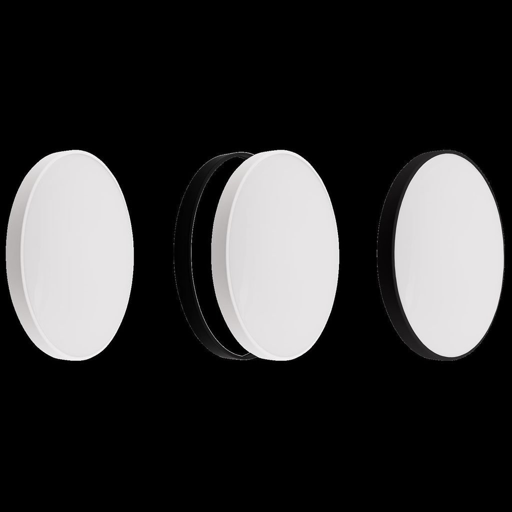 Three white circular LED ceiling lights are displayed against a black background. One light is shown from the front, another is shown from the side with its outer ring detached, and the third is shown from the front with a black outer ring.