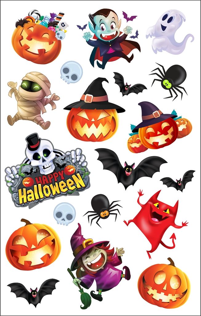 Bunte temporäre Tattoos HALLOWEEN Kleine Monster Monster Kürbis Geist 19tlg.