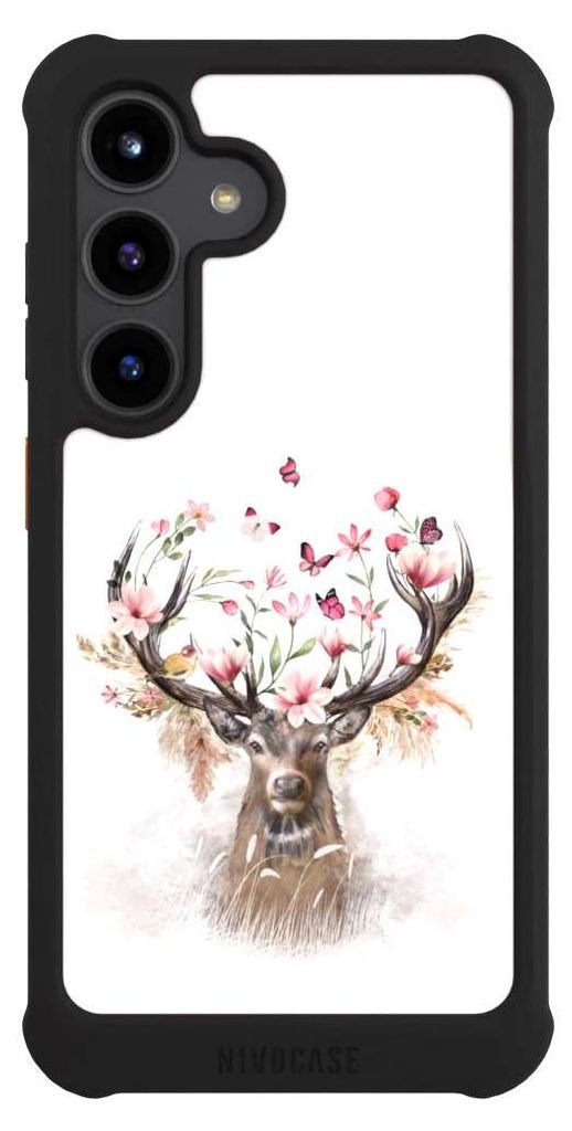 NIVOCASE Hülle für Samsung Galaxy S24 Stoßfeste Handyhülle NIVOmax Case Schwarz Blumen Hirsch Tiere