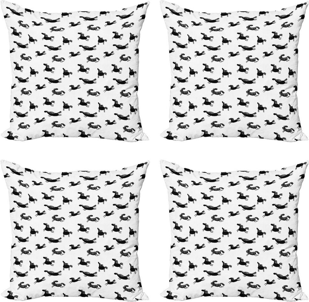 ABAKUHAUS Pferde Kissenbezug Set (4 Stück), Doodle Equiden Pattern, Moderner Doppelseitiger Digitaldruck, 45 cm x 45 cm, Schwarz-Weiss