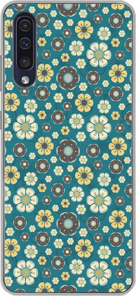 MuchoWow Handyhülle Schutzhülle Hülle für Telefoonhoesje Samsung Galaxy A50 Retro - Blumen - Muster - Blau Silikon Softcase Handy Hülle - Mo...